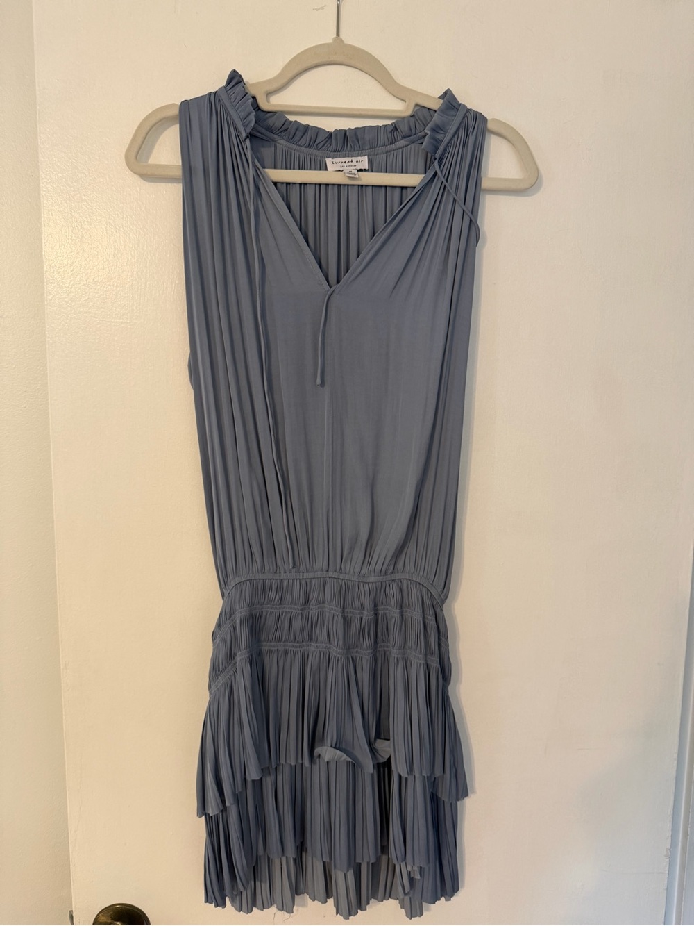 Current Air Pleated Sleeveless Ruffled Tiered Dress - Dusty Blue